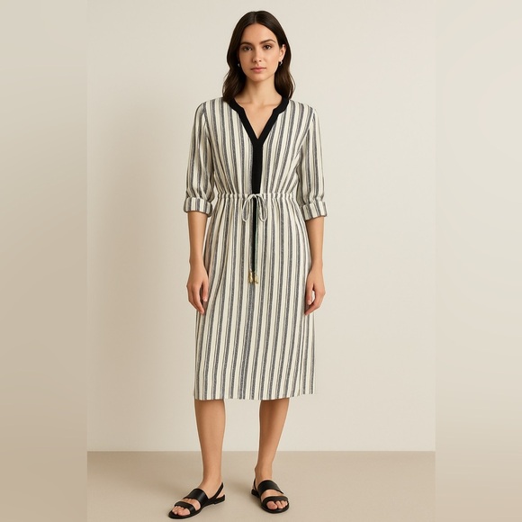 H&M Women’s Black & White Striped Midi Dress Size 10 - Picture 1 of 3